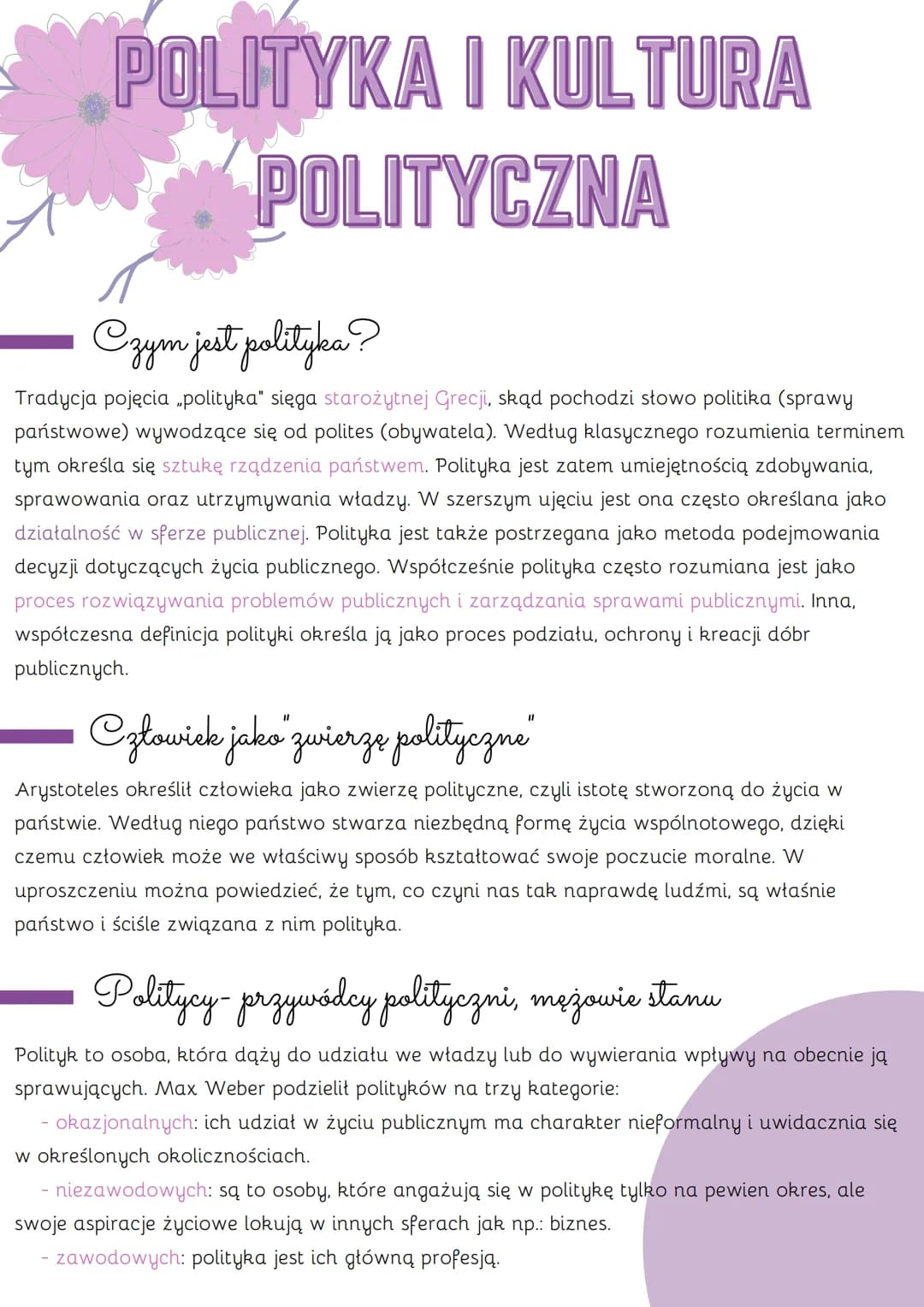 POLITYKA I KULTURA
POLITYCZNA
Czym jest polityka?
Tradycja pojęcia „polityka" sięga starożytnej Grecji, skąd pochodzi słowo politika (sprawy