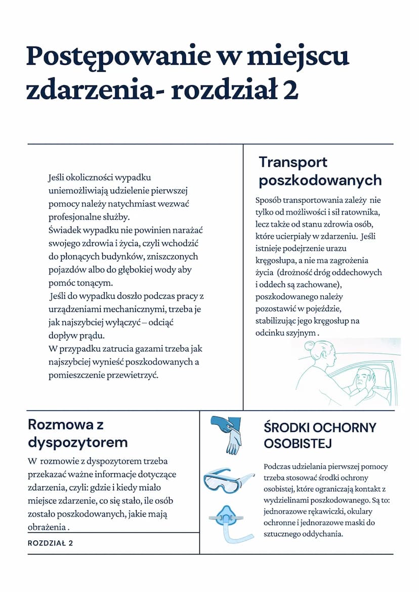 Wiadomości z zakresu
pierwszej pomocy-rozdział 1
PIERWSZA POMOC
rozpoznanie sytuacji i określenie istniejących
zagrożeń (ryzyka)
zabezpiecze