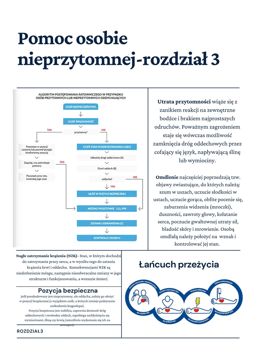 Wiadomości z zakresu
pierwszej pomocy-rozdział 1
PIERWSZA POMOC
rozpoznanie sytuacji i określenie istniejących
zagrożeń (ryzyka)
zabezpiecze