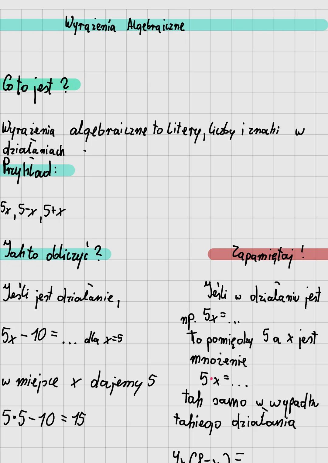 Wyrażenia Algebraiczne

Co to jest?

Wyrażenia algebraiczne to litery, liczby i znati w
działaniach .
Prayblad:

5x, 5-x,5+x

Jahto obliczyć