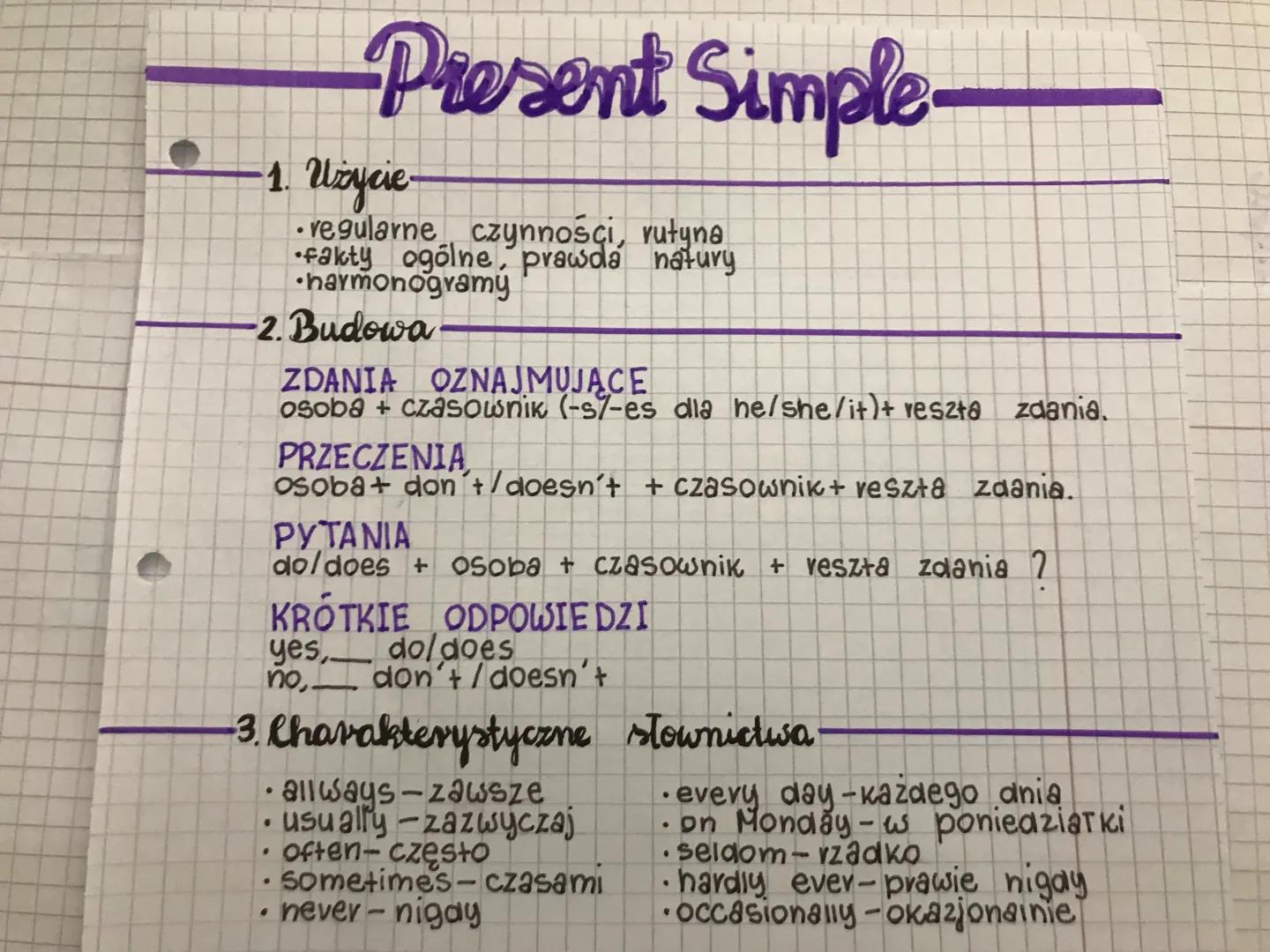 Present Simple.

1. Użycie

- regularne czynności, rutyna
- Fakty fakty ogólne ogólne, prawda natury
•harmonogramy

2. Budowa

ZDANIA OZNAJM