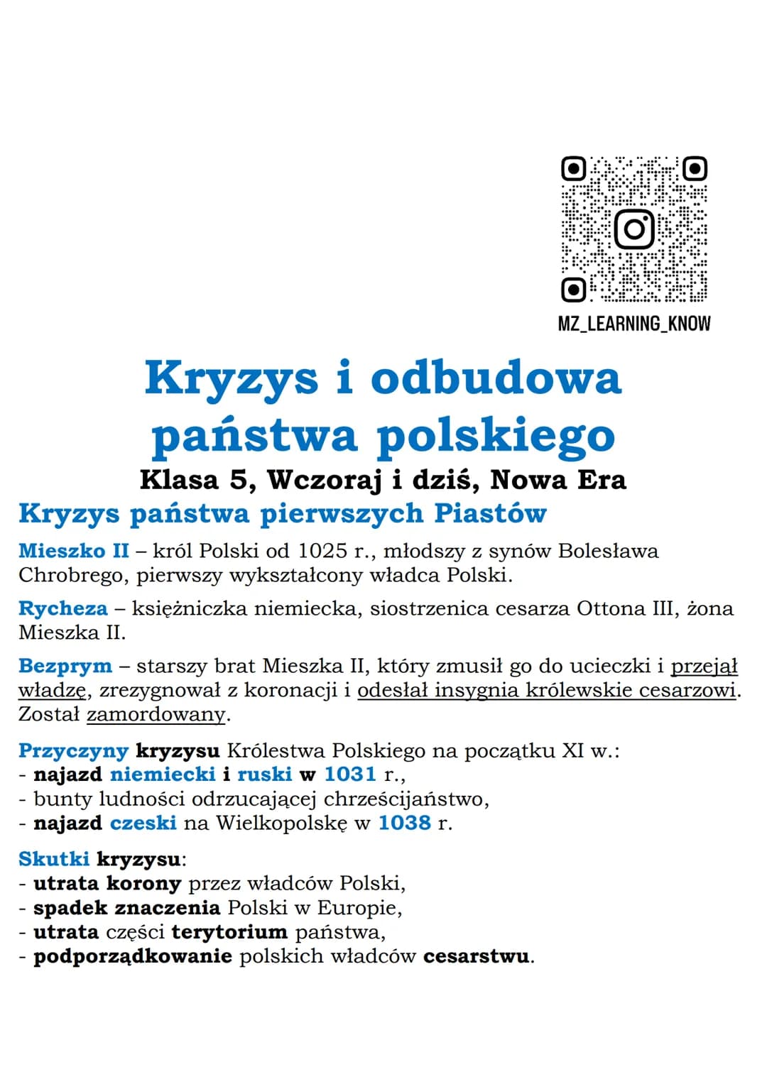 MZ_LEARNING_KNOW
Kryzys i odbudowa
państwa polskiego
Klasa 5, Wczoraj i dziś, Nowa Era
Kryzys państwa pierwszych Piastów
Mieszko II - król P