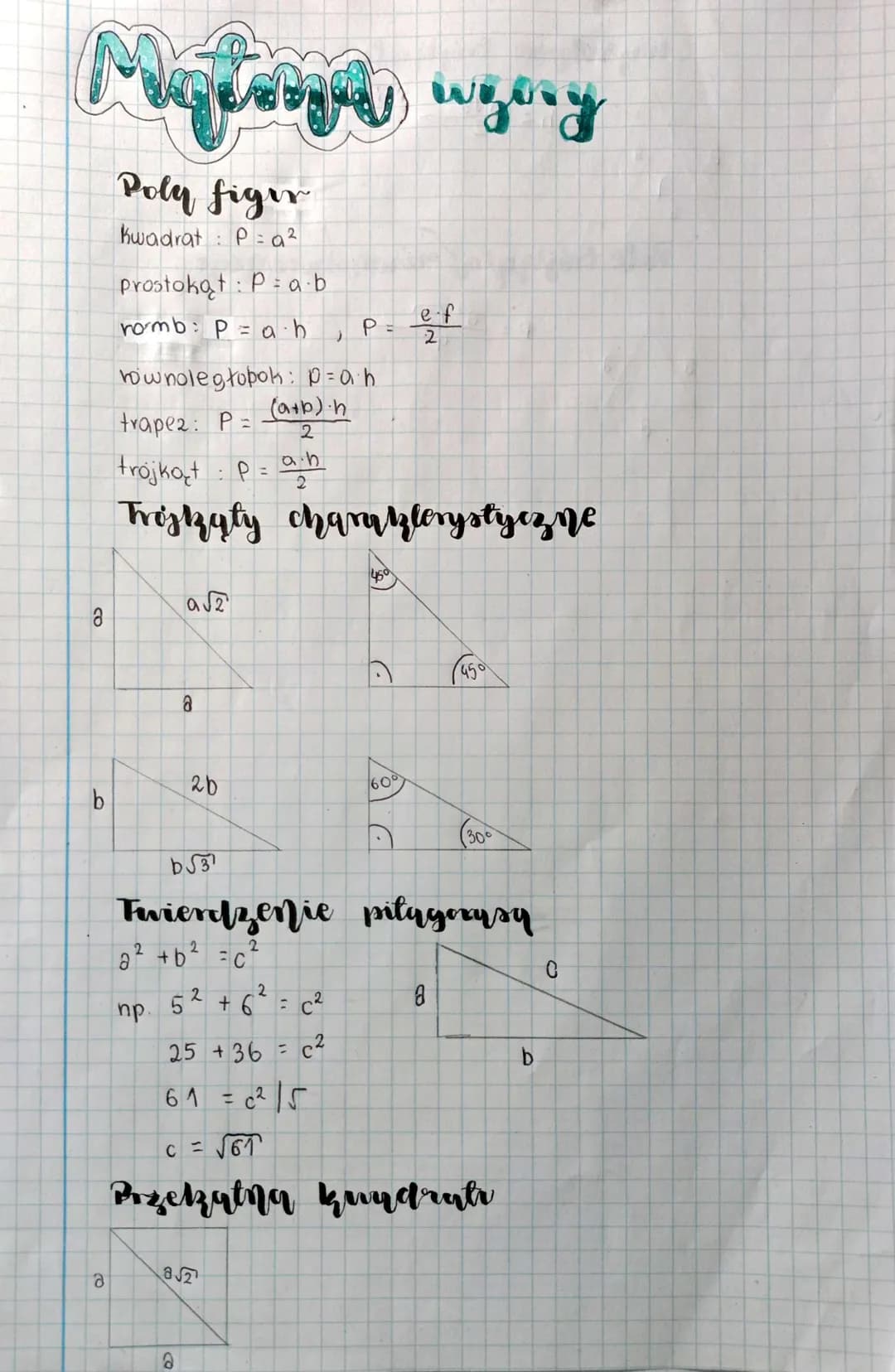 Mijlong as iyong
Poly figer
Kwadrat: P = a ²
Prostokąt: P = a.b
romb: P = a.h
Co
b
a
np.
hownoległobok: p=0 h
trape2: P =
(a+b).h
2
trojkot
