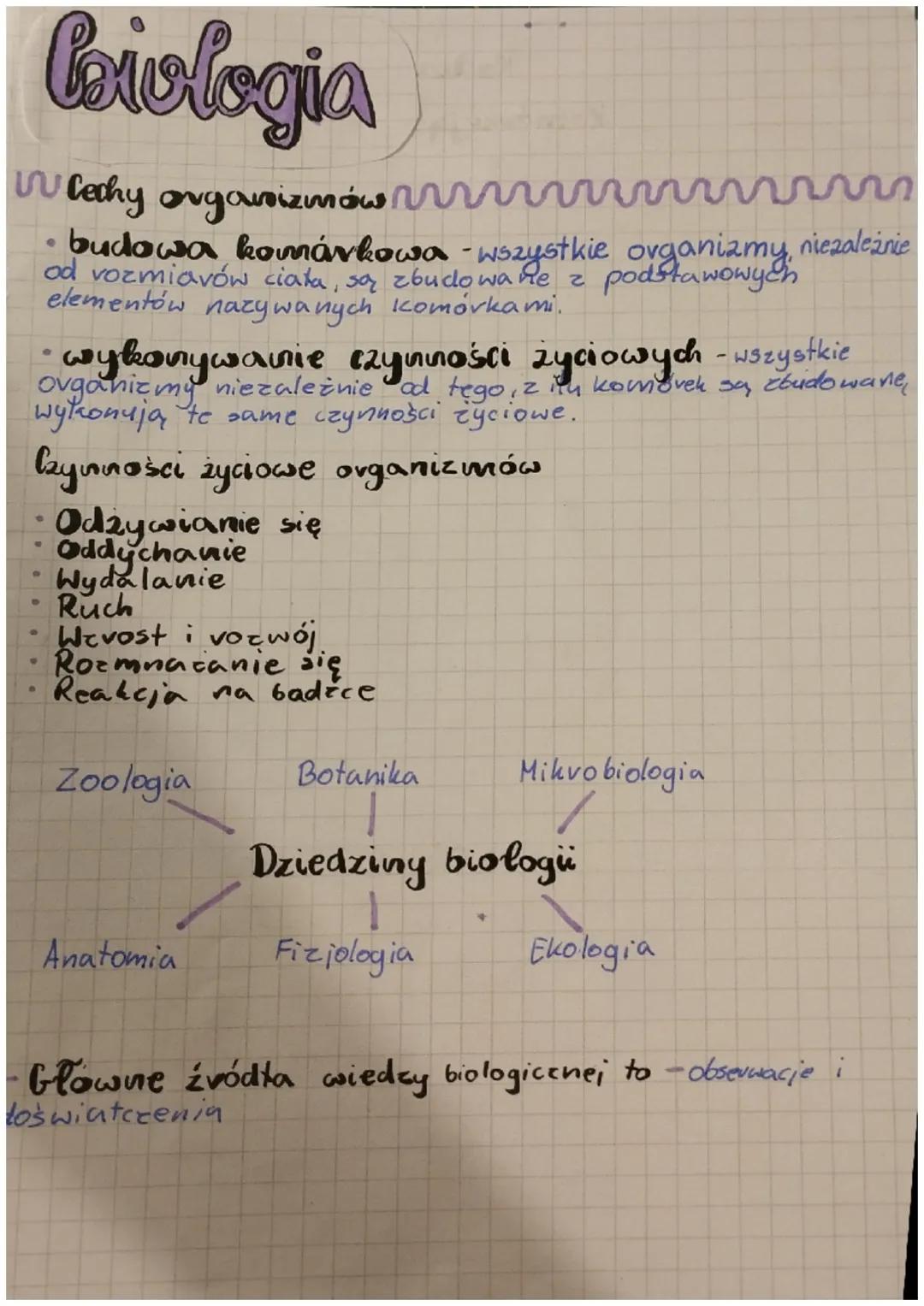 # biologia

WCechy organizmówn

- budowa komárkowa - wszystkie organizmy niezależnie
od vozmiarów ciała, są zbudowane z podstawowyen
element