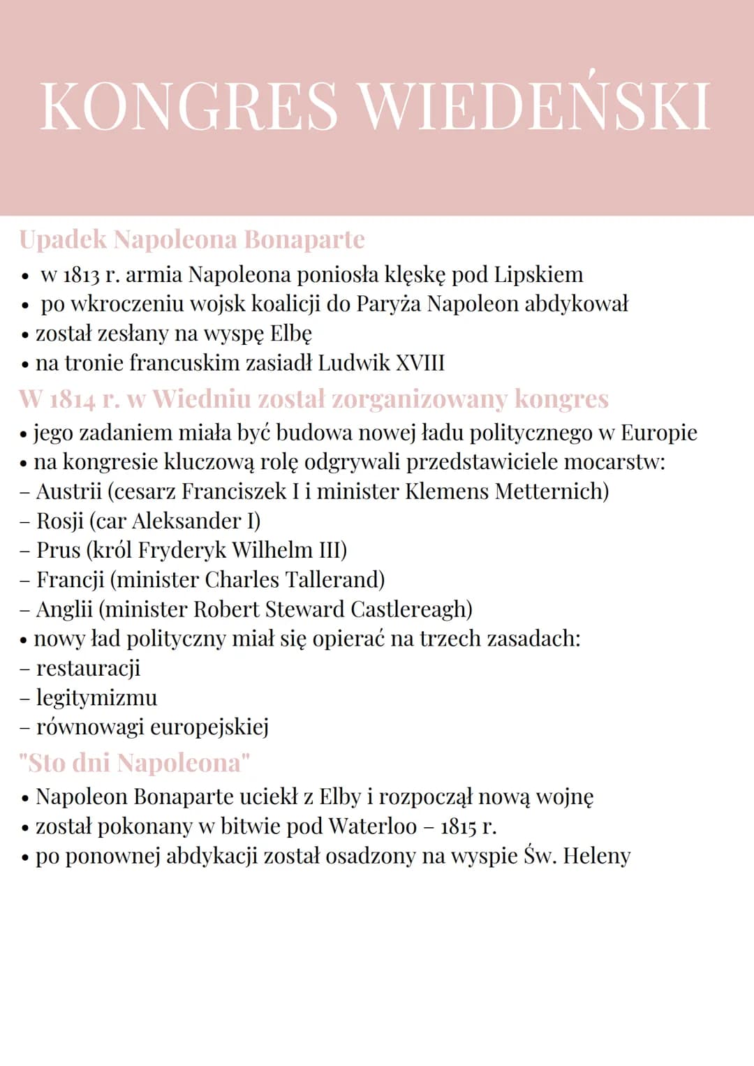 
<p>Kongres wiedeński odbył się w 1814 r. w Wiedniu, a jego uczestnikami byli przedstawiciele mocarstw takich jak Austrii, Rosji, Prus, Fran