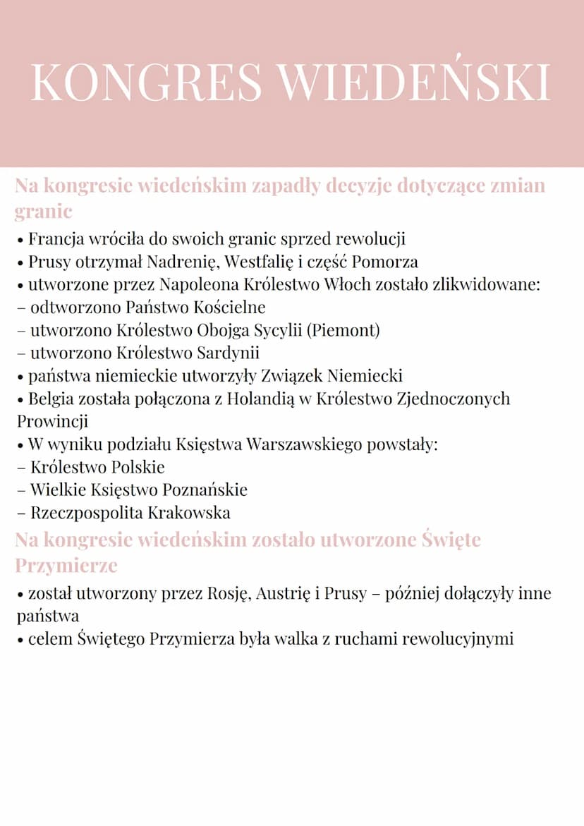 
<p>Kongres wiedeński odbył się w 1814 r. w Wiedniu, a jego uczestnikami byli przedstawiciele mocarstw takich jak Austrii, Rosji, Prus, Fran