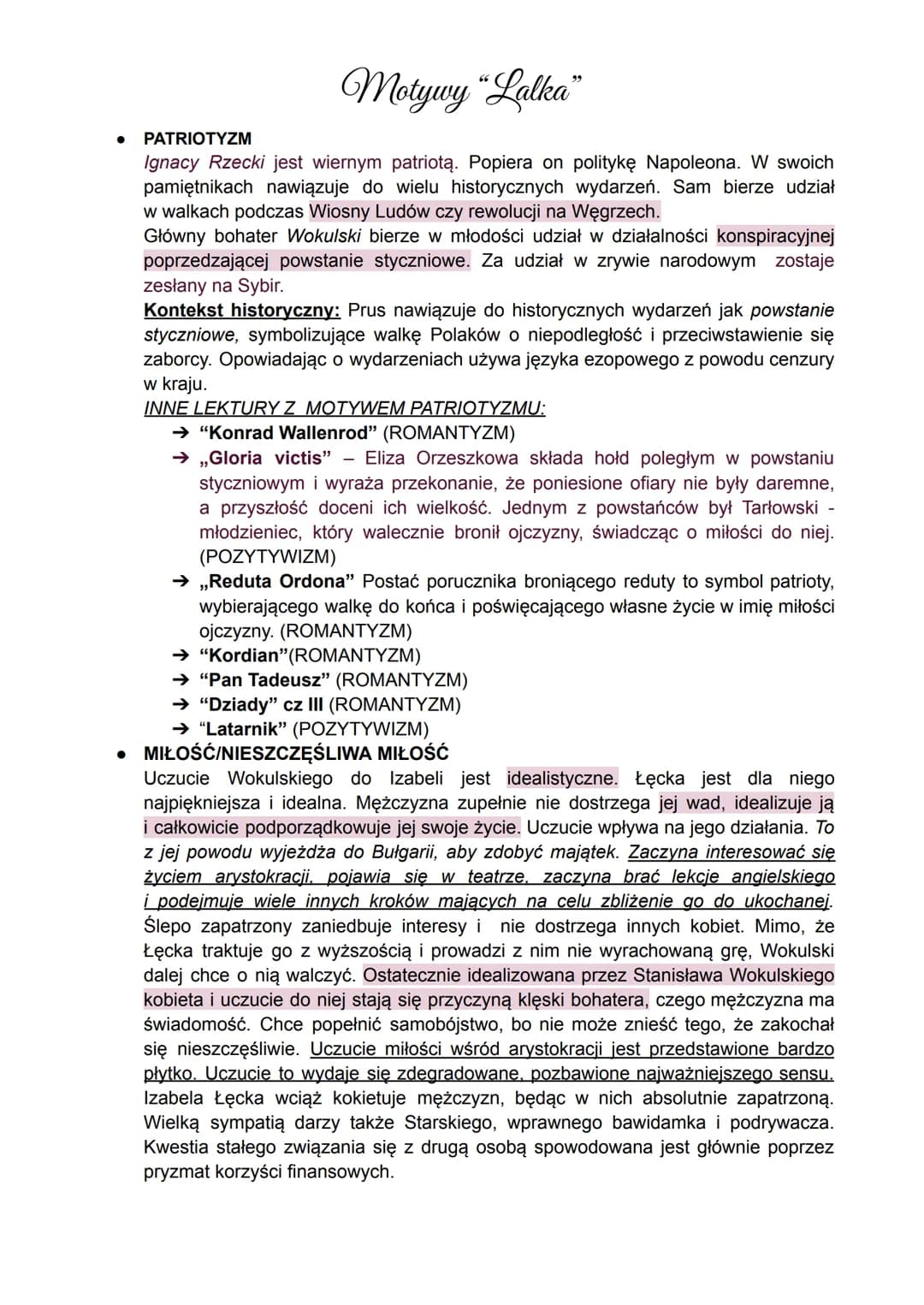 •
PATRIOTYZM
Motywy "Lalka"
Ignacy Rzecki jest wiernym patriotą. Popiera on politykę Napoleona. W swoich
pamiętnikach nawiązuje do wielu his