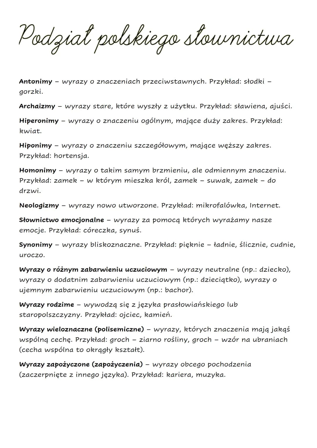 Podział polskiego słownictwa
Antonimy wyrazy o znaczeniach przeciwstawnych. Przykład: słodki -
gorzki.
Archaizmy wyrazy stare, które wyszły 