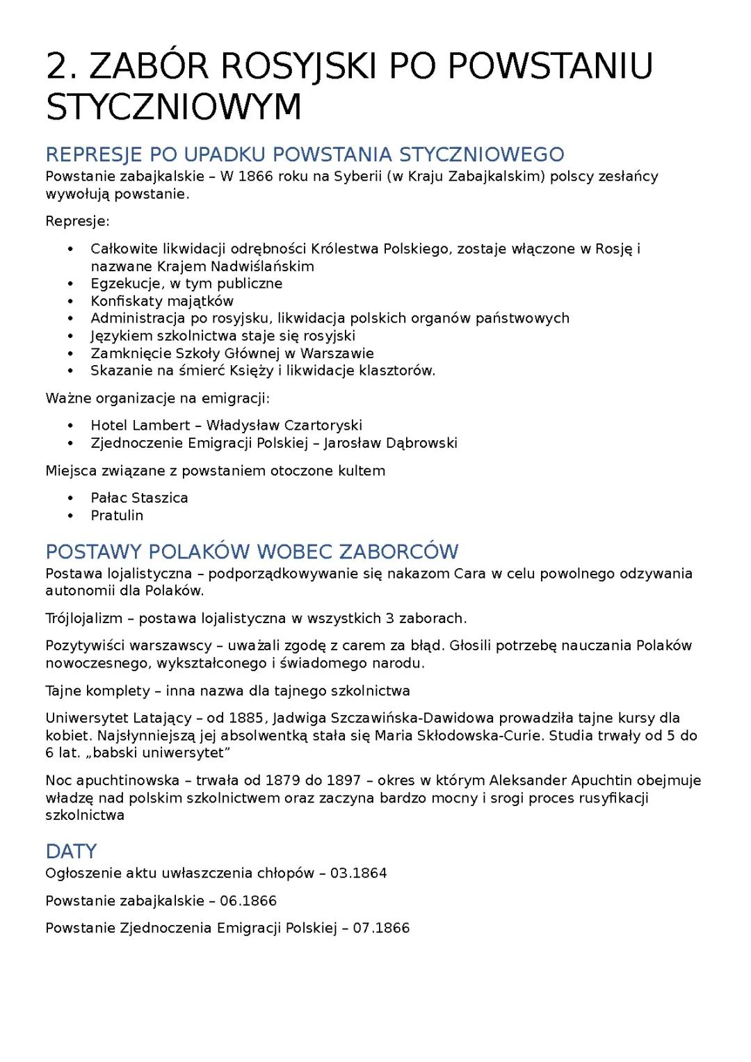 Zabór Rosyjski po Powstaniu Styczniowym - Historia Polski