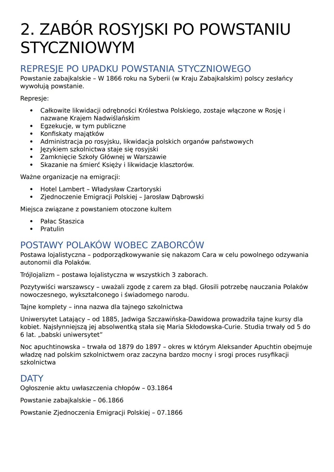 2. ZABÓR ROSYJSKI PO POWSTANIU
STYCZNIOWYM
REPRESJE PO UPADKU POWSTANIA STYCZNIOWEGO
Powstanie zabajkalskie - W 1866 roku na Syberii (w Kraj