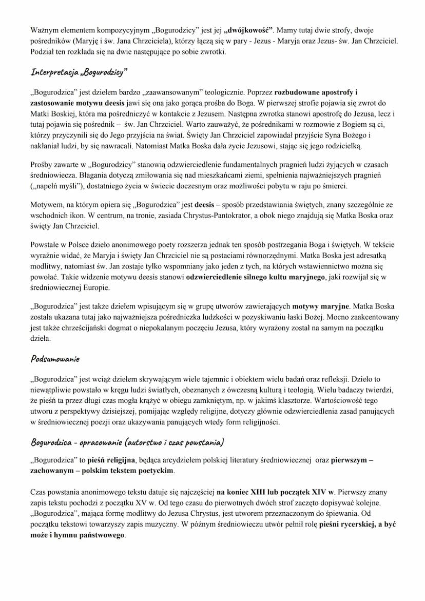 Bogurodzica
Bogurodzica - interpretacja i analiza wiersza
,,Bogurodzica" jest najstarszym polskim tekstem poetyckim oraz najstarszą polską p