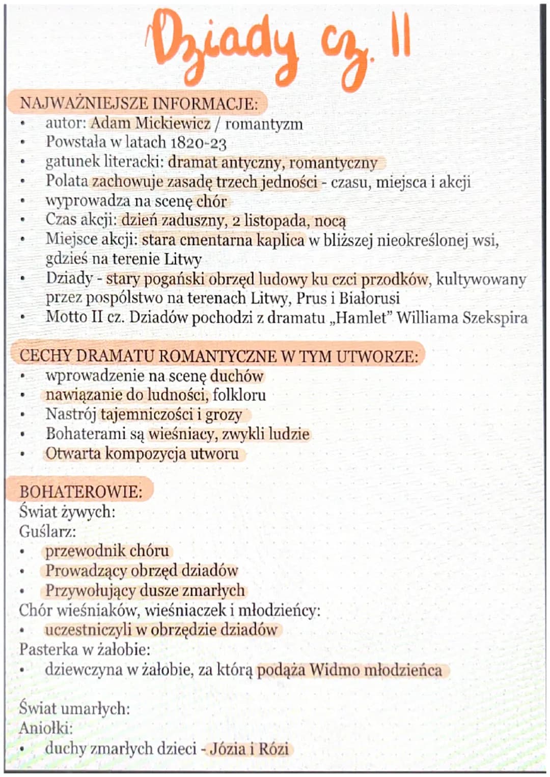 NAJWAŻNIEJSZE INFORMACJE:
●
e
●
●
·
●
●
.
●
CECHY DRAMATU ROMANTYCZNE W TYM UTWORZE:
wprowadzenie na scenę duchów
nawiązanie do ludności, fo