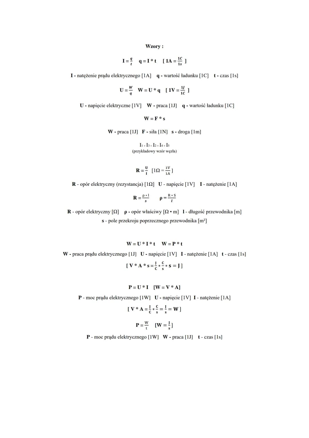 Wzory:
I=/ q=1*t [1A=1
I - natężenie prądu elektrycznego [1A] q- wartość ładunku [1C] t- czas [1s]
U= W=U* q [1V =
U - napięcie elektryczne 