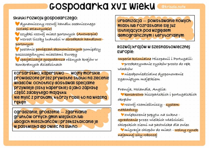 Gospodarka XVI wieku @@krisola.note
urbanizacja - powstawanie nowych
miast lub rozrastanie się już
istniejących pod względem
demograficznym 