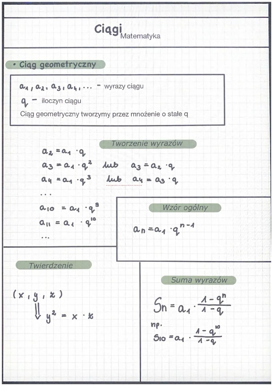 Ciągi
Matematyka
•
Ciąg arytmetyczny
-
an, az az, an....
wyrazy ciągu
r - różnica ciągu
Ciąg arytmetyczny tworzymy przez dodawanie stałej ró