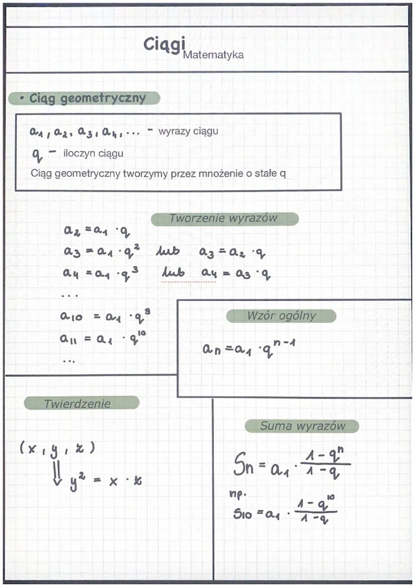 Ciągi
Matematyka
•
Ciąg arytmetyczny
-
an, az az, an....
wyrazy ciągu
r - różnica ciągu
Ciąg arytmetyczny tworzymy przez dodawanie stałej ró