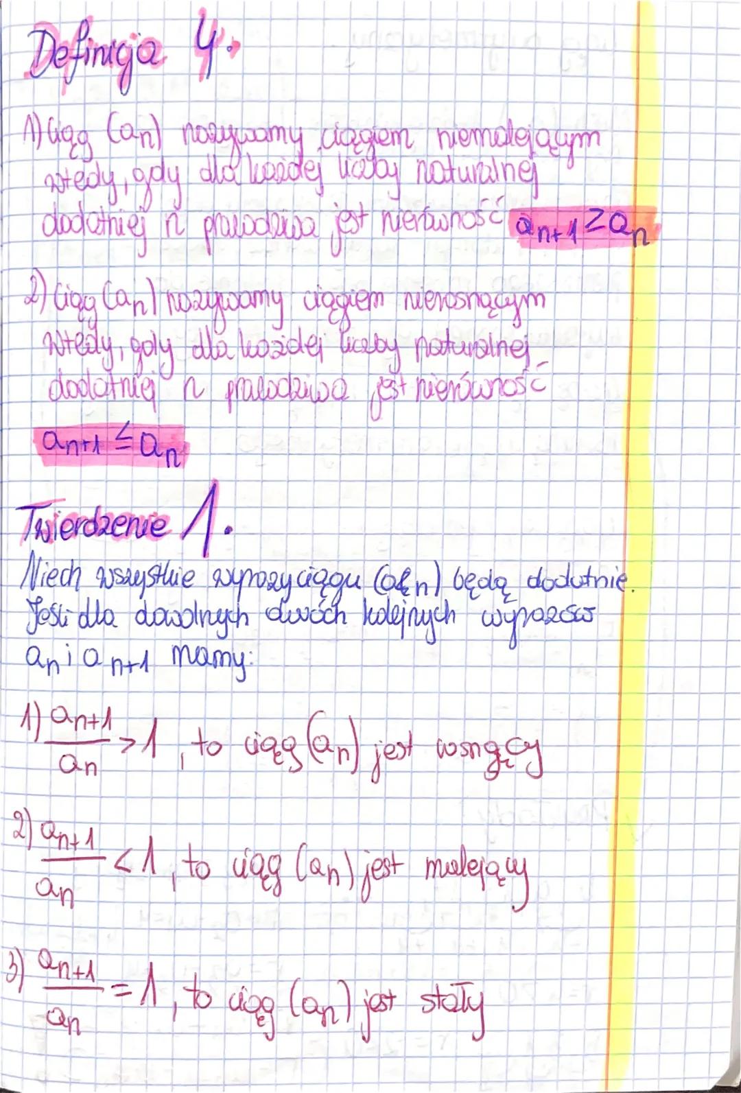 MONOTONICZNOŚĆ CIĄGÓW

*   (an) nazywamy ciągiem rosnącym wtedy,
    gdy no dla każdej liczby naturalnej dodatniej
    n prawdziwe jest nier