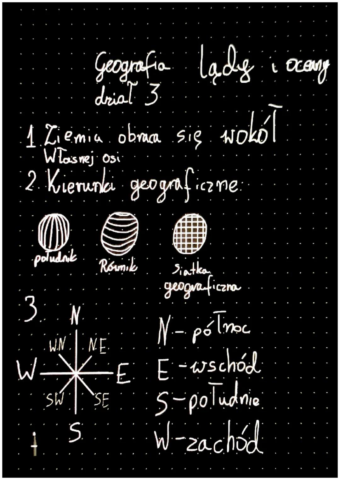 Geografia lady iocong
drial 3

1. Ziemia obraca się wokol
wokół
Własnej Osi

2. Kierunki geograficzne

południk Roumik

Siatka
geograficzna
