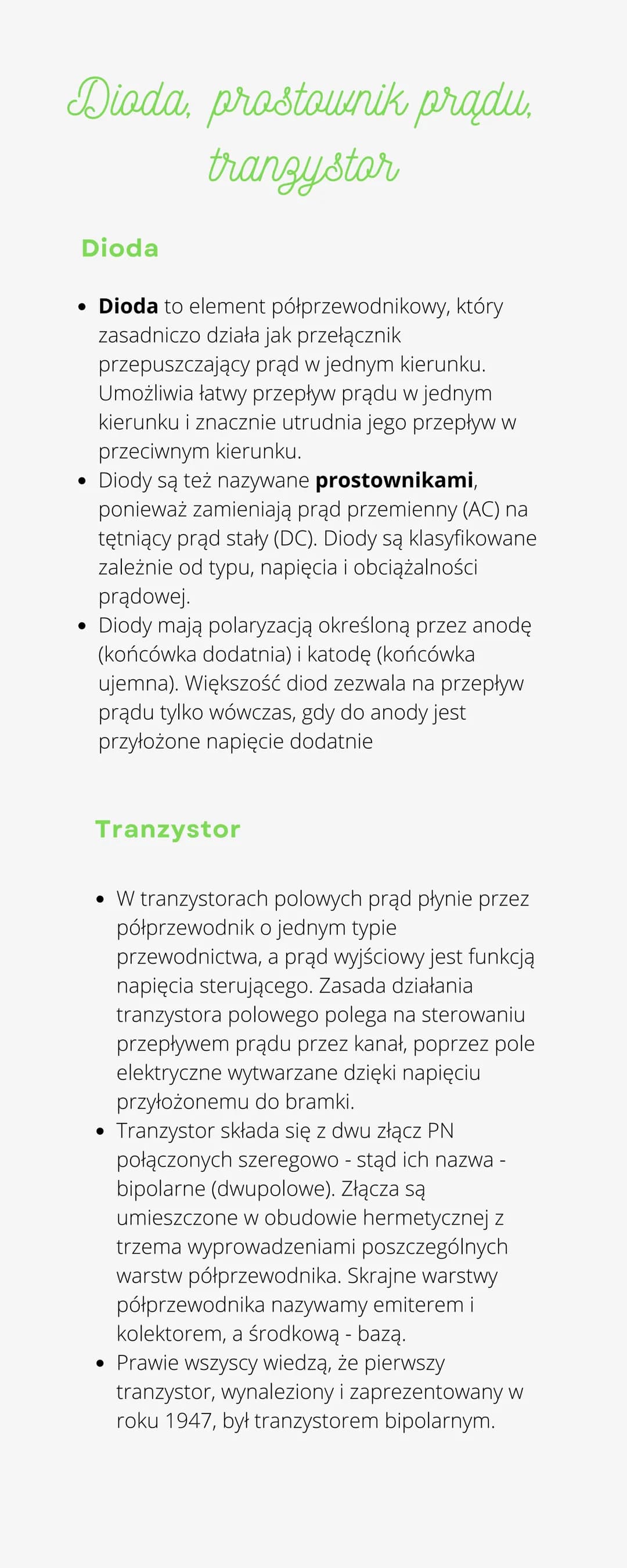 Dioda, prostownik prądu,
tranzystor
Dioda
• Dioda to element półprzewodnikowy, który
zasadniczo działa jak przełącznik
przepuszczający prąd 
