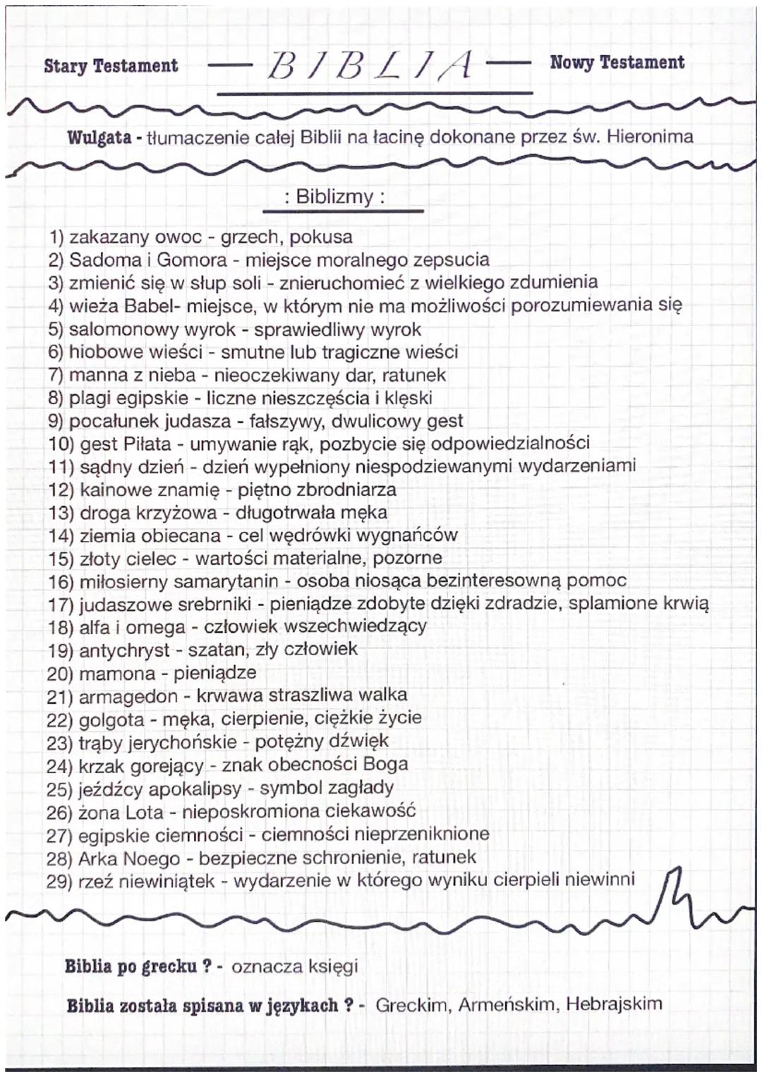 Stary Testament
-
-BIBLIA - Nowy Testament
Wulgata - tłumaczenie całej Biblii na łacinę dokonane przez św. Hieronima
: Biblizmy :
1) zakazan