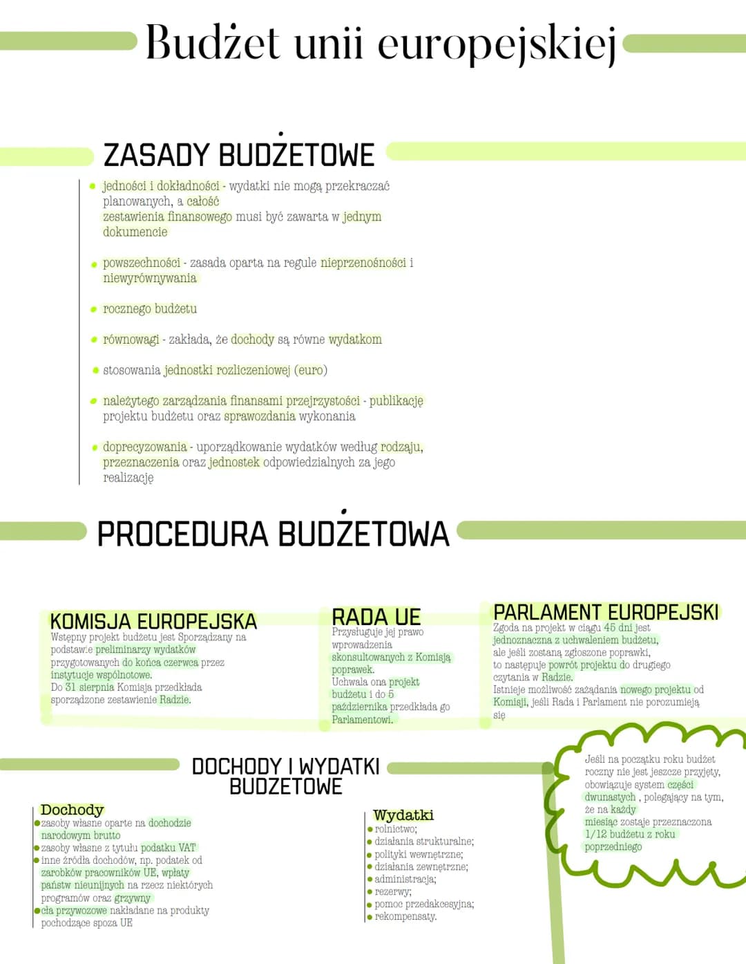 Budżet unii europejskiej
ZASADY BUDŻETOWE
• jedności i dokładności - wydatki nie mogą przekraczać
planowanych, a całość
zestawienia finansow