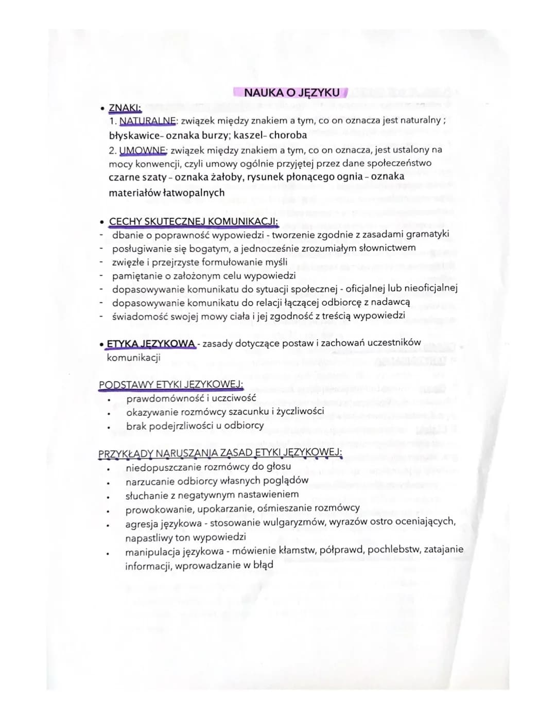 • ZNAKI:
NAUKA O JĘZYKU
1. NATURALNE: związek między znakiem a tym, co on oznacza jest naturalny;
błyskawice- oznaka burzy; kaszel-choroba
2