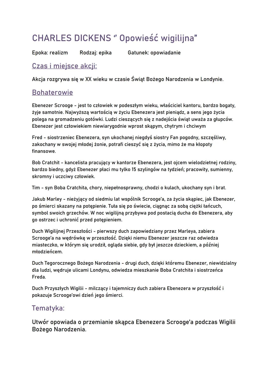 OPOWIEŚĆ WIGILIJNA - Streszczenie na e8