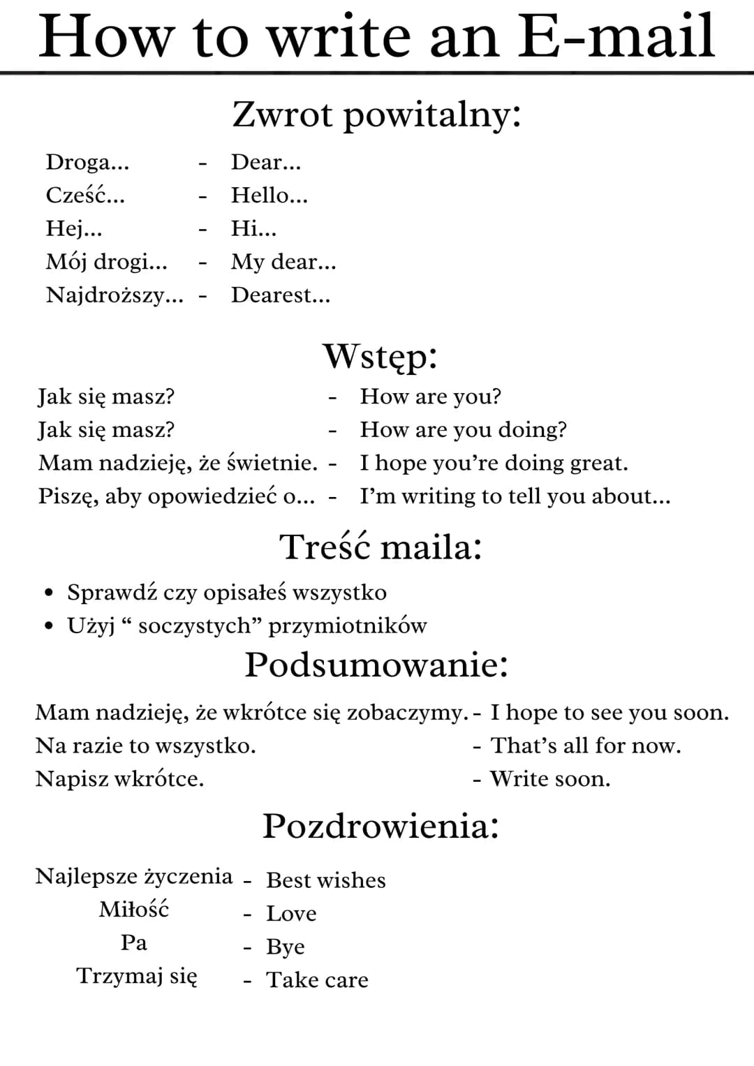 How to write an E-mail
Zwrot powitalny:
Dear...
Droga...
Cześć...
-
Hello...
Hej...
Mój drogi...
Najdroższy...
Hi...
My dear...
Dearest...
W