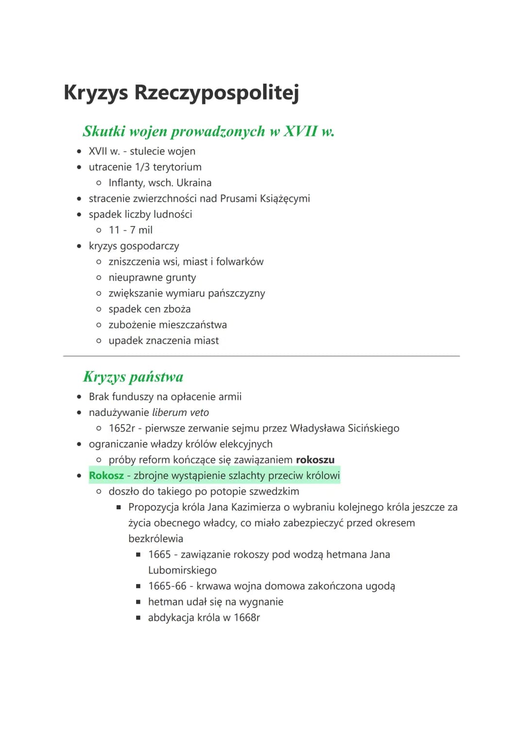 Kryzys Rzeczypospolitej
Skutki wojen prowadzonych w XVII w.
• XVII w. - stulecie wojen
• utracenie 1/3 terytorium
o Inflanty, wsch. Ukraina
