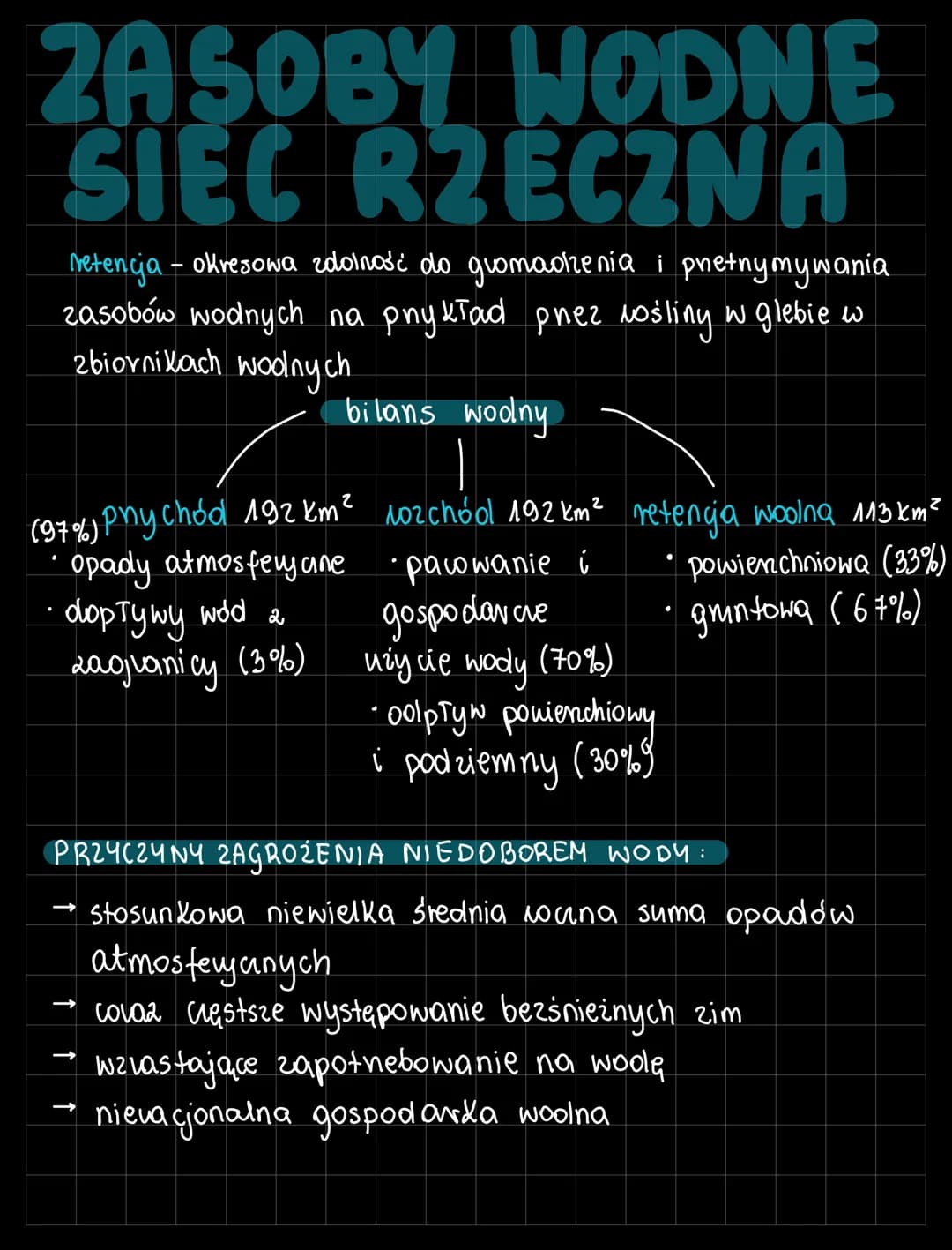 ZASOBY WODNE
SIEC RZECZNA
retencja - okresowa zdolność do gromadzenia i pnetnymywania
zasobów wodnych na pnykład pnez vośliny w glebie w
zbi