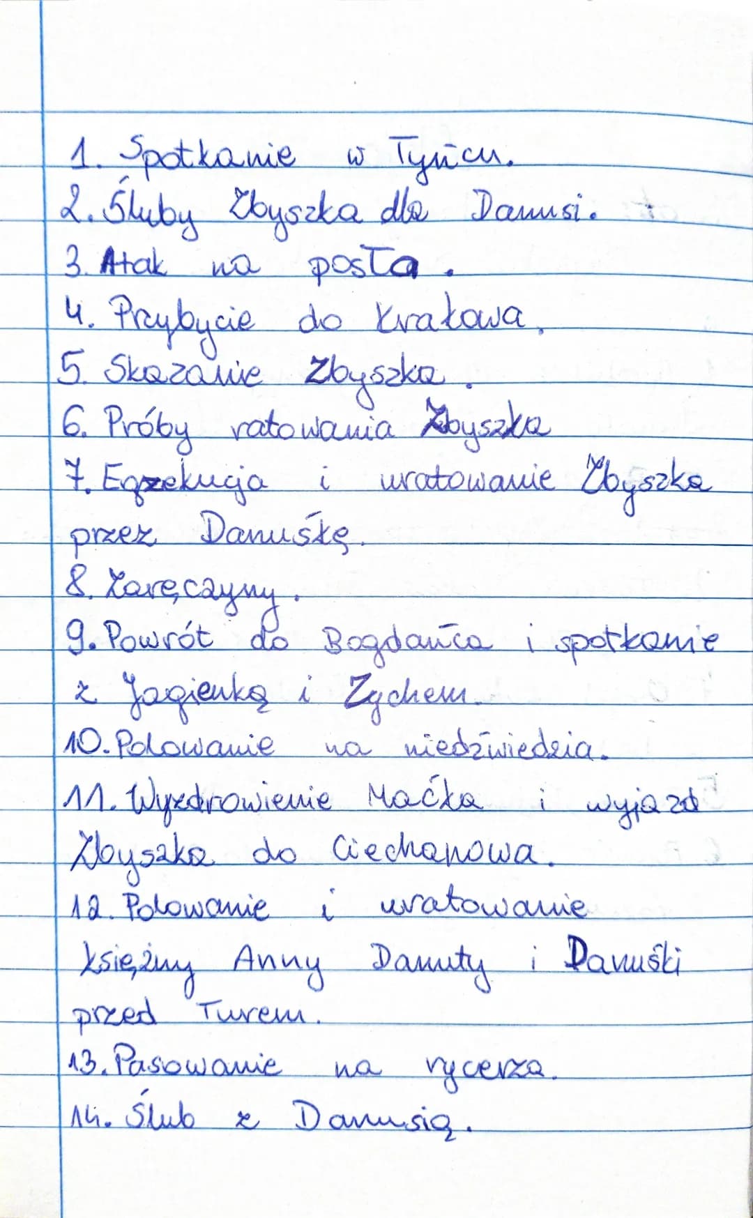 1. Spotkanie w Tynicu.
Туйси,
2. Śluby Zbyszka dla Danusie
3. Atak na posta.
4. Przybycie do Krakowa
5. Skazanie Zbyszka.
6. Próby ratowania