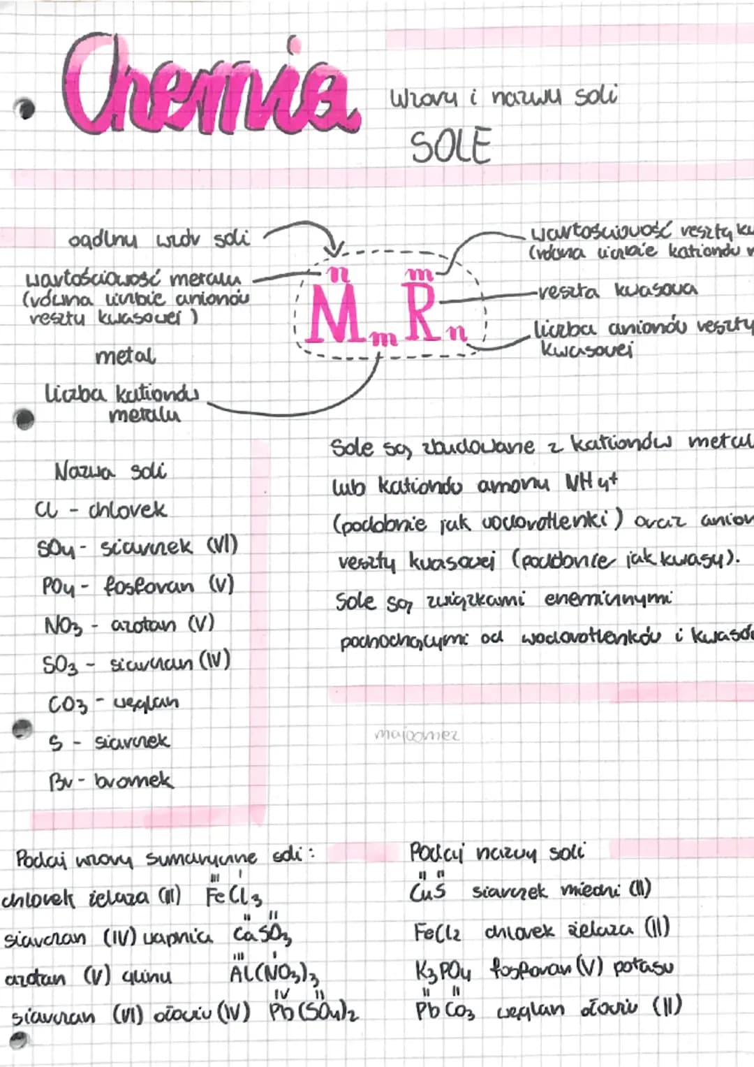 • Chemia
ogdiny widv soli
wartościowość meral
(vóuna limbie anionou
reszty kwasower)
metal
liaba kationdu
metalu
Nazwa soli
chlovek
Soy- sia