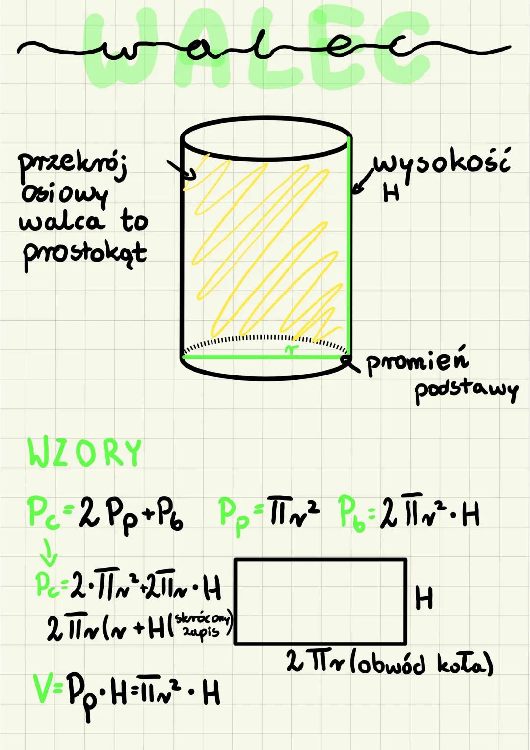 سب
مهلهن
przekrój
osiowy
walca to
prostokąt
↓
Pc = 2 · πTN² + 2πIN • H
wysokość
H
WZORY
Pc=2 Pp+ Pb Pp = πT~² P₁₂ = 2πT~² • H
Рь
2π~(~ +H/ s