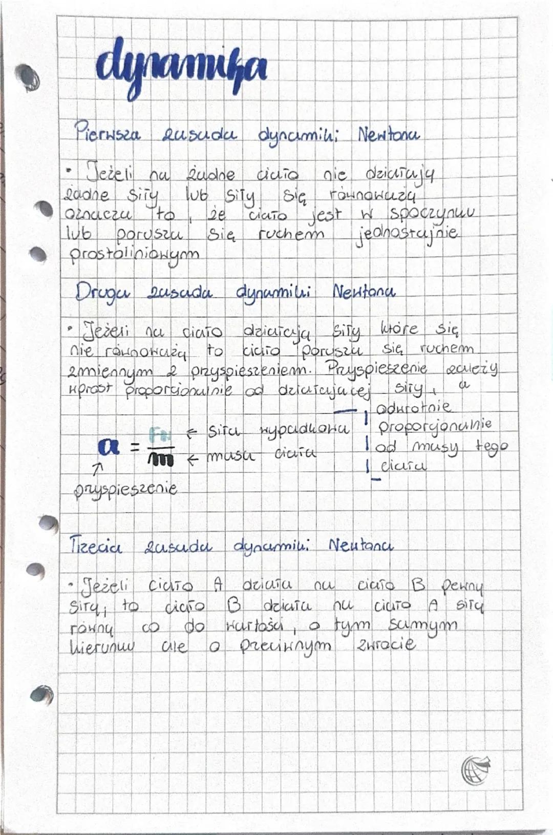 # dynamika

## Pierwsza zasada dynamiki Newtona

- Jeżeli na żadne ciało nie działają żadne siły lub siły się równoważą oznacza to, że ciało