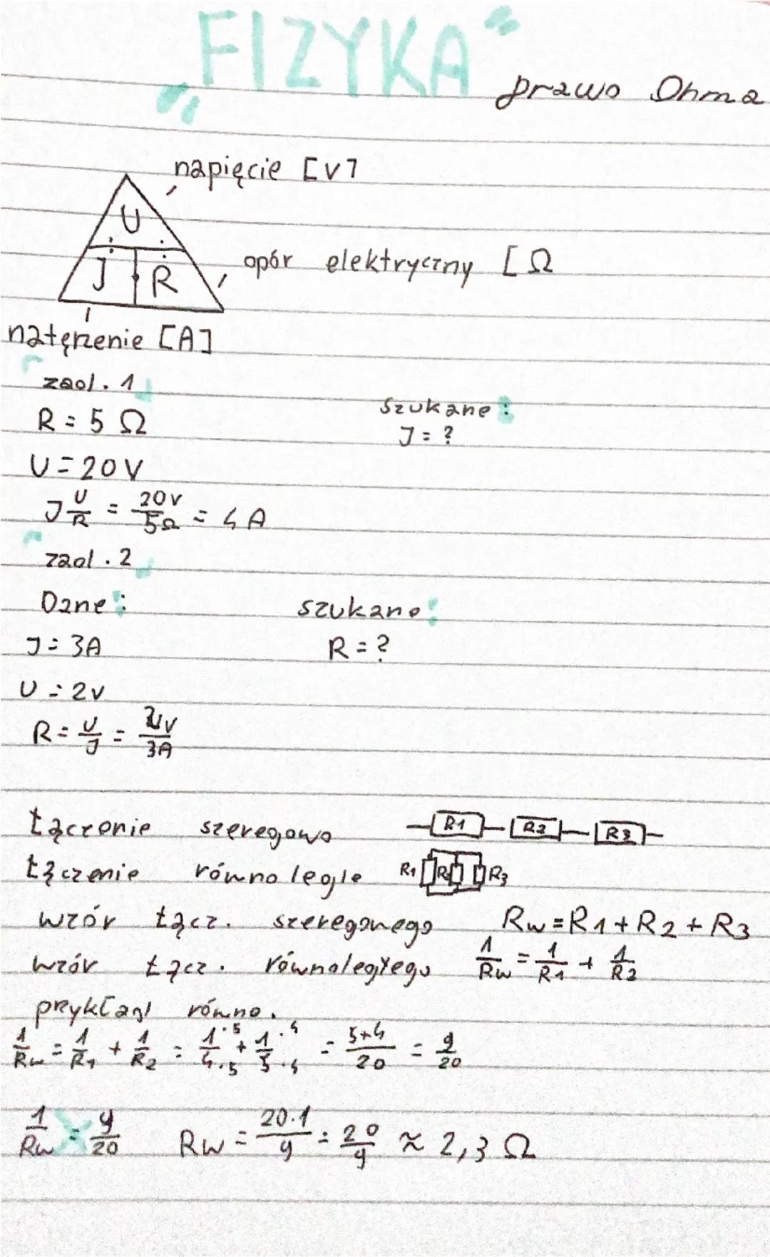 # FIZYKA
prawo Ohma

napięcie [v7

$
\frac{U}{J R}
$, opór elektryczny [Ω

natężenie [A]

zaol.1

R = 5 Ω

V=20V

$\frac{U}{J R} = \frac{20V