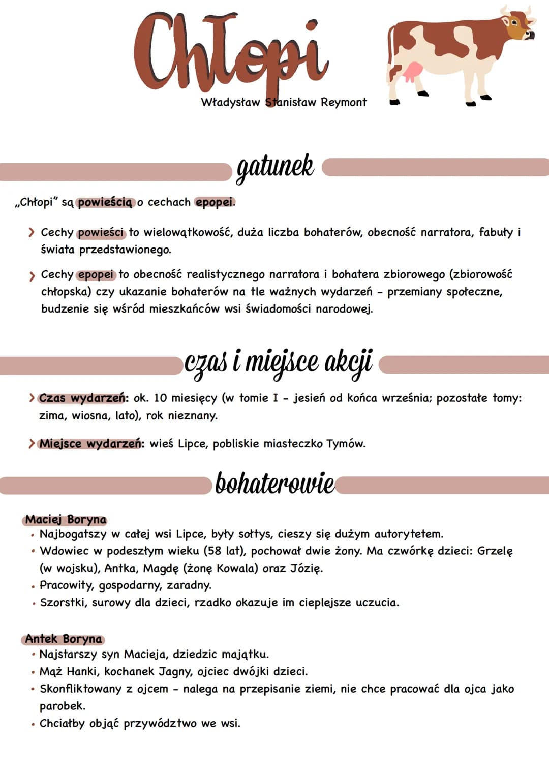 gatunek
,,Chłopi" są powieścią o cechach epopei.
> Cechy powieści to wielowątkowość, duża liczba bohaterów, obecność narratora, fabuły i
świ