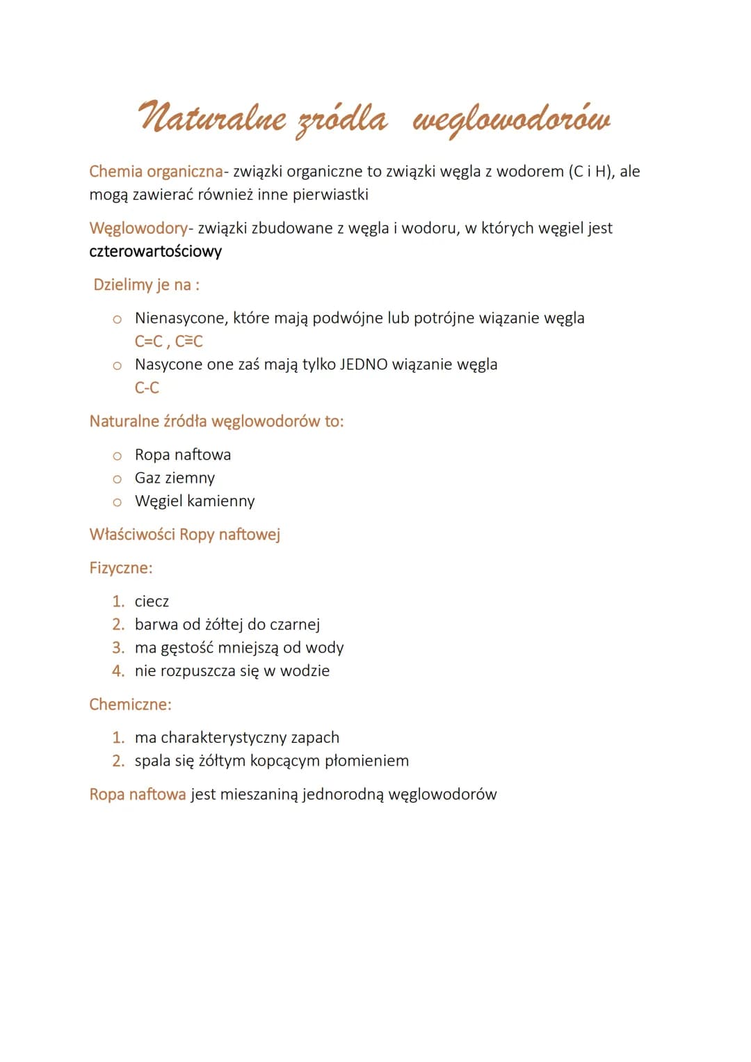 Naturalne zródla weglowodorów
Chemia organiczna- związki organiczne to związki węgla z wodorem (C i H), ale
mogą zawierać również inne pierw