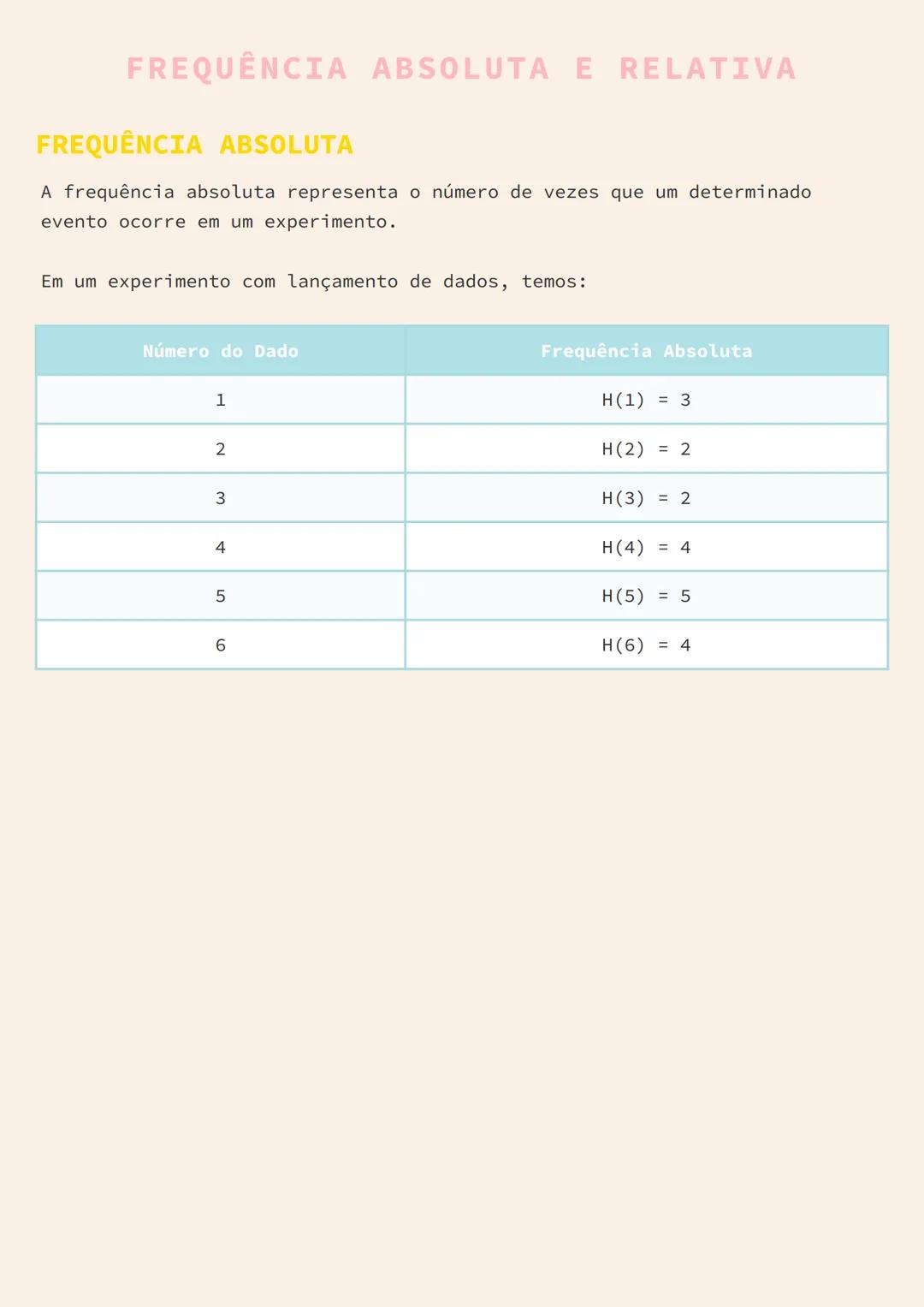 # FREQUÊNCIA ABSOLUTA E RELATIVA

FREQUÊNCIA ABSOLUTA

A frequência absoluta representa o número de vezes que um determinado
evento ocorre e