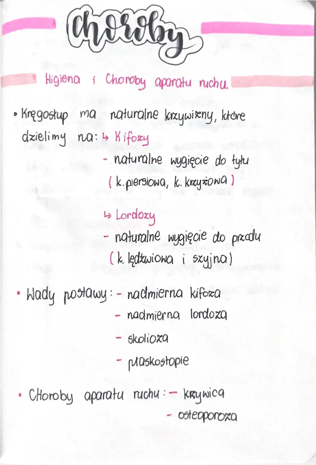 # Choroby

Higiena i Choroby aparatu ruchu.

• Kręgosłup ma naturalne krzywieny, ktore
dzielimy na: Kifozy

- naturalne wygięcie do tyłu

(k