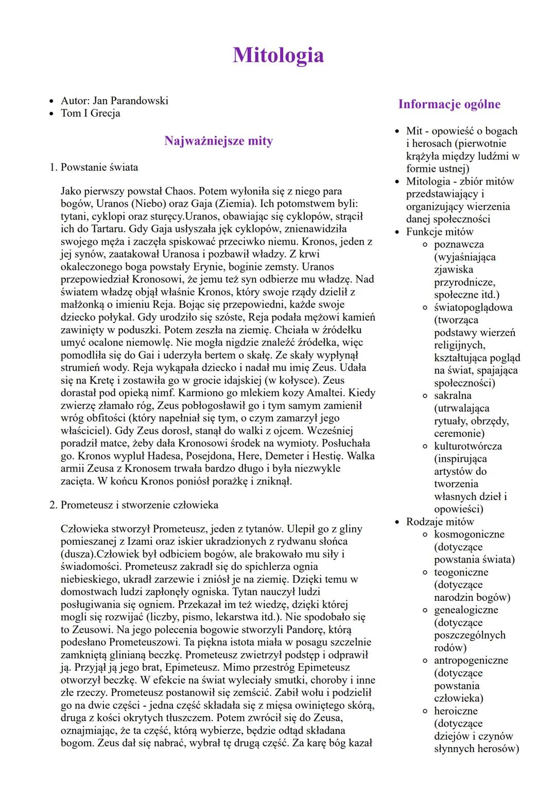 Autor: Jan Parandowski
. Tom I Grecja
Mitologia
Najważniejsze mity
1. Powstanie świata
Jako pierwszy powstał Chaos. Potem wyłoniła się z nie
