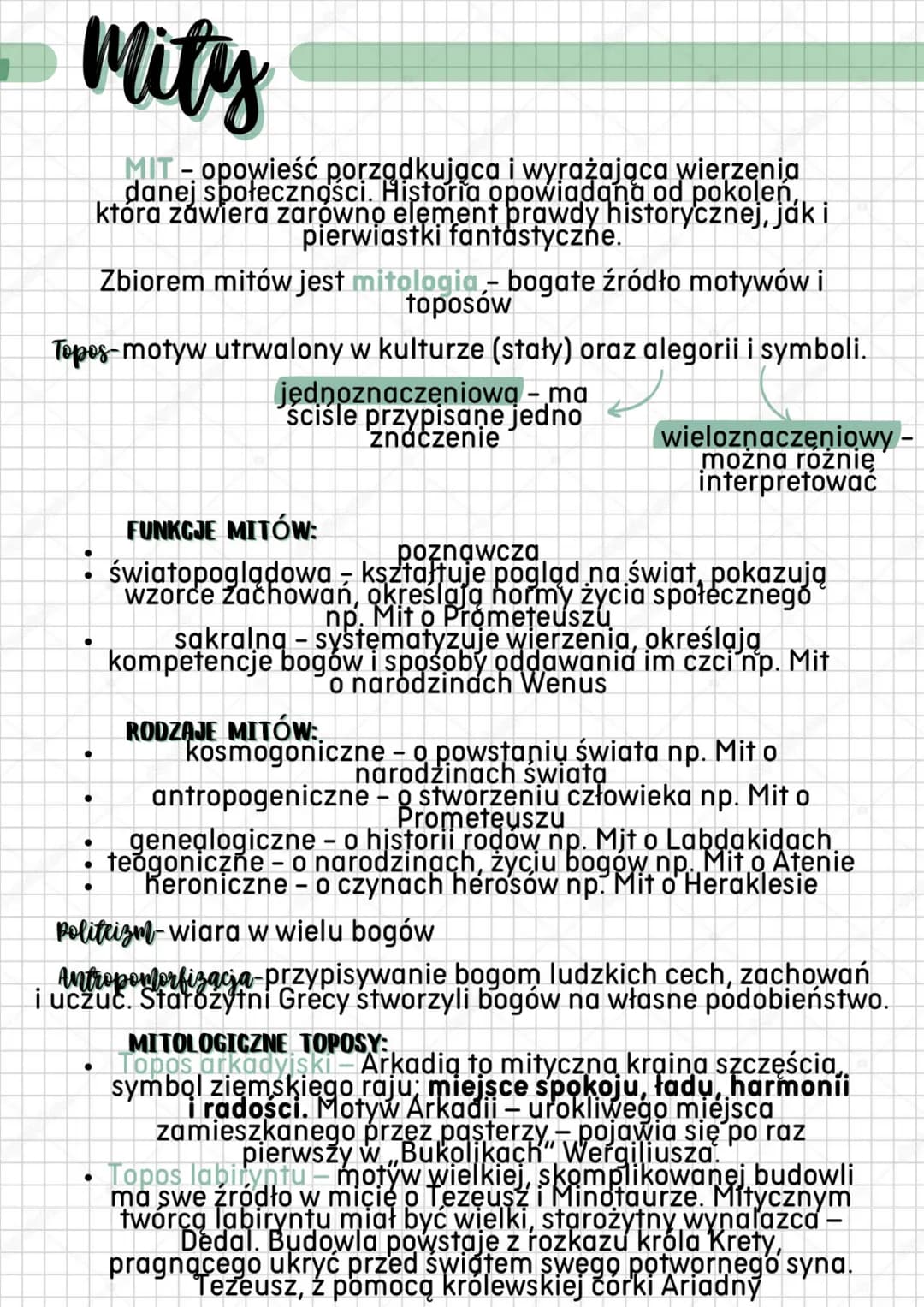 mity
MIT- opowieść porządkująca i wyrażająca wierzenia
danej społeczności. Historia opowiadana od pokoleń,
która zawiera zarówno element pra