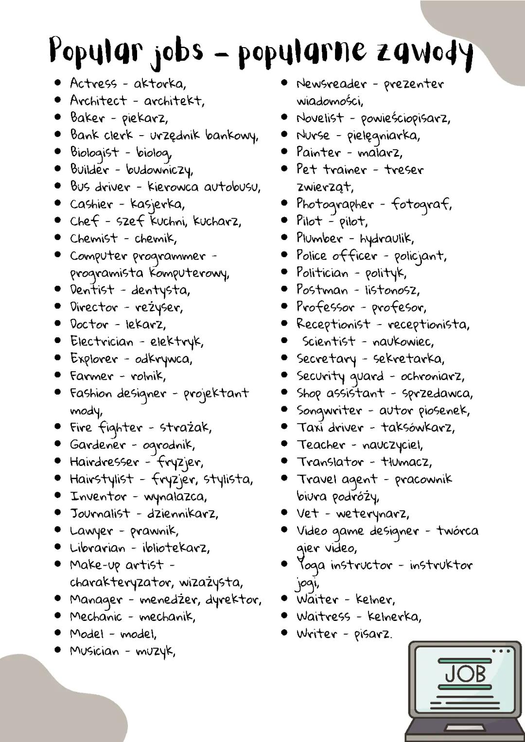 Praca i Zawody po Angielsku