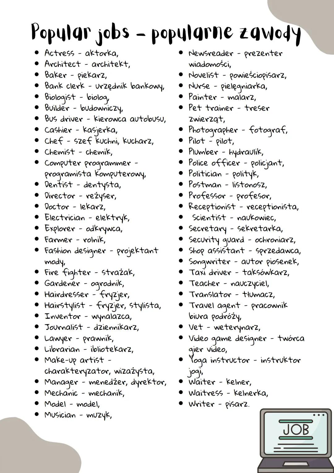 Popular jobs popularne zawody
• Actress aktorka,
• Architect - architekt,
• Baker - piekarz,
• Bank clerk - Urzędnik bankowy,
●
Biologist - 