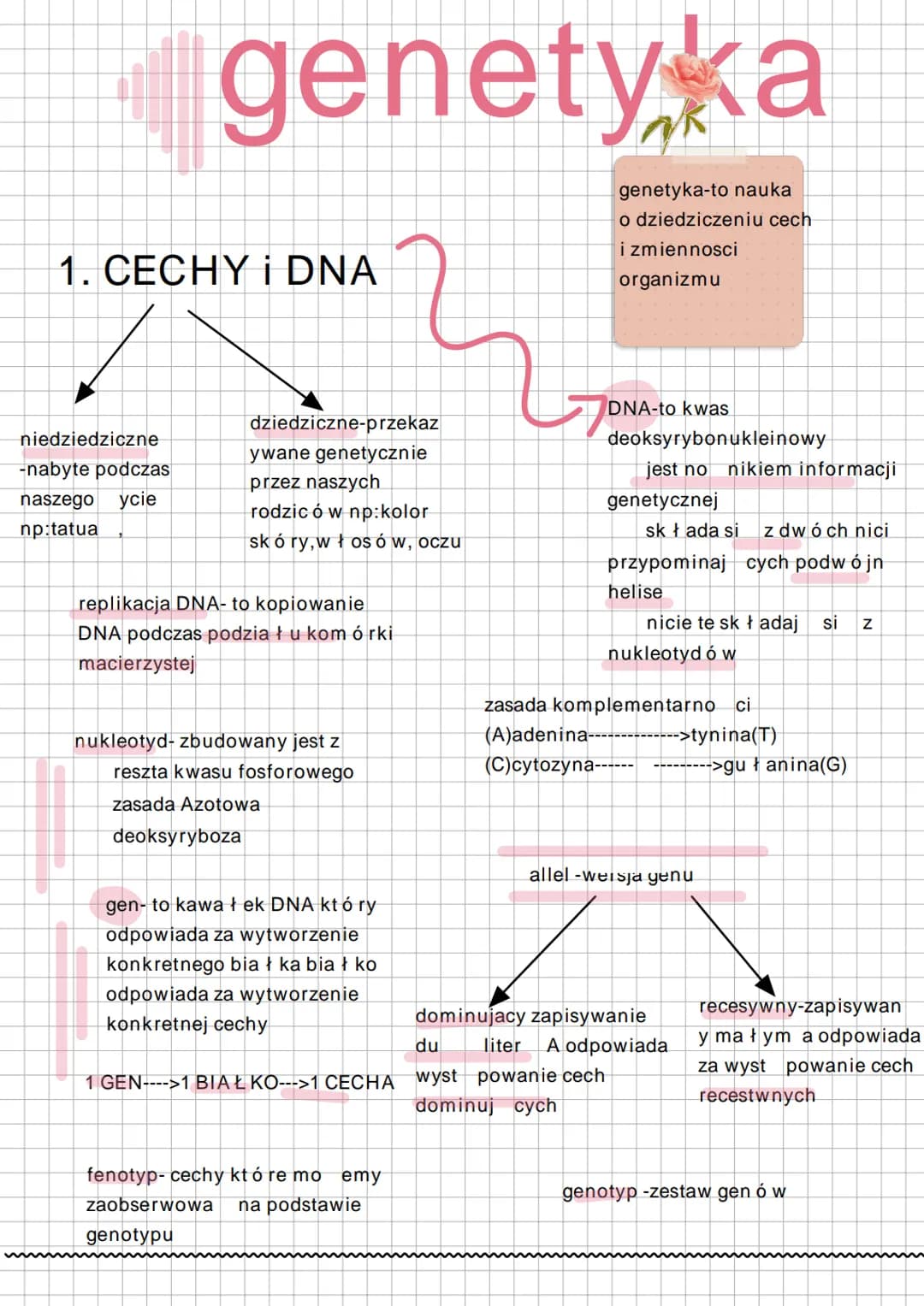 genetyka
1. CECHY i DNA
niedziedziczne
-nabyte podczas
naszego ycie
np:tatua
dziedziczne-przekaz
ywane genetycznie
przez naszych
rodzicó w n