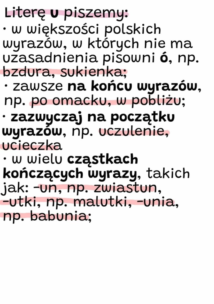 Zasady pisowni z óiu
Literę ó piszemy:
· ó wymienia się na o, e, a,
np. strój - stroje, siódemka -
siedem, zbiórka - zbierać;
• w zakończeni