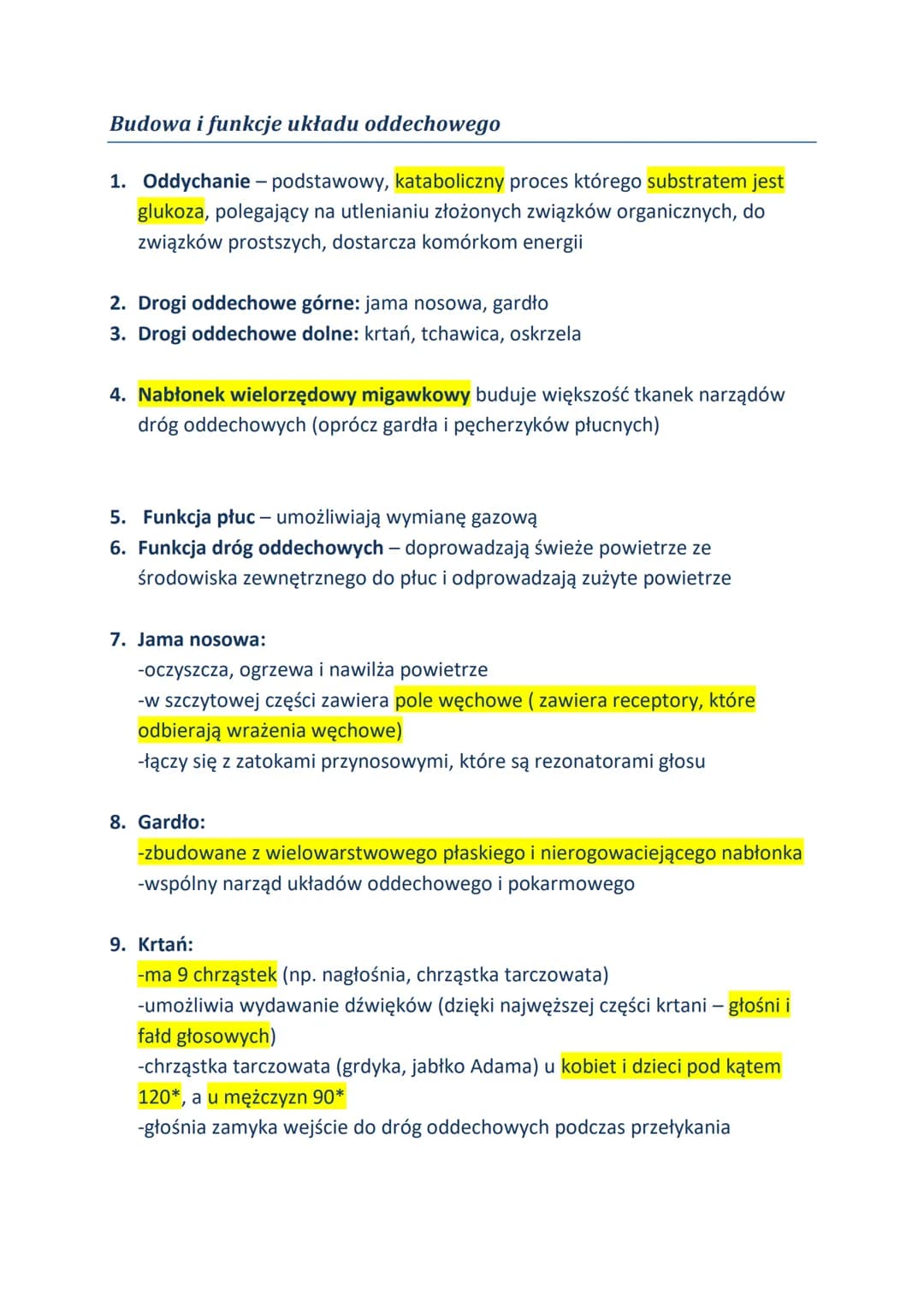 Budowa i funkcje układu oddechowego
1. Oddychanie - podstawowy, kataboliczny proces którego substratem jest
glukoza, polegający na utleniani