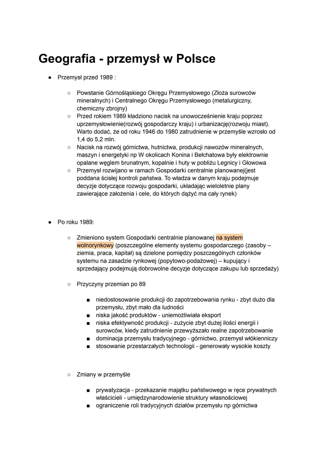 Geografia - przemysł w Polsce
Przemysł przed 1989 :
O Powstanie Górnośląskiego Okręgu Przemysłowego (Złoża surowców
mineralnych) i Centralne