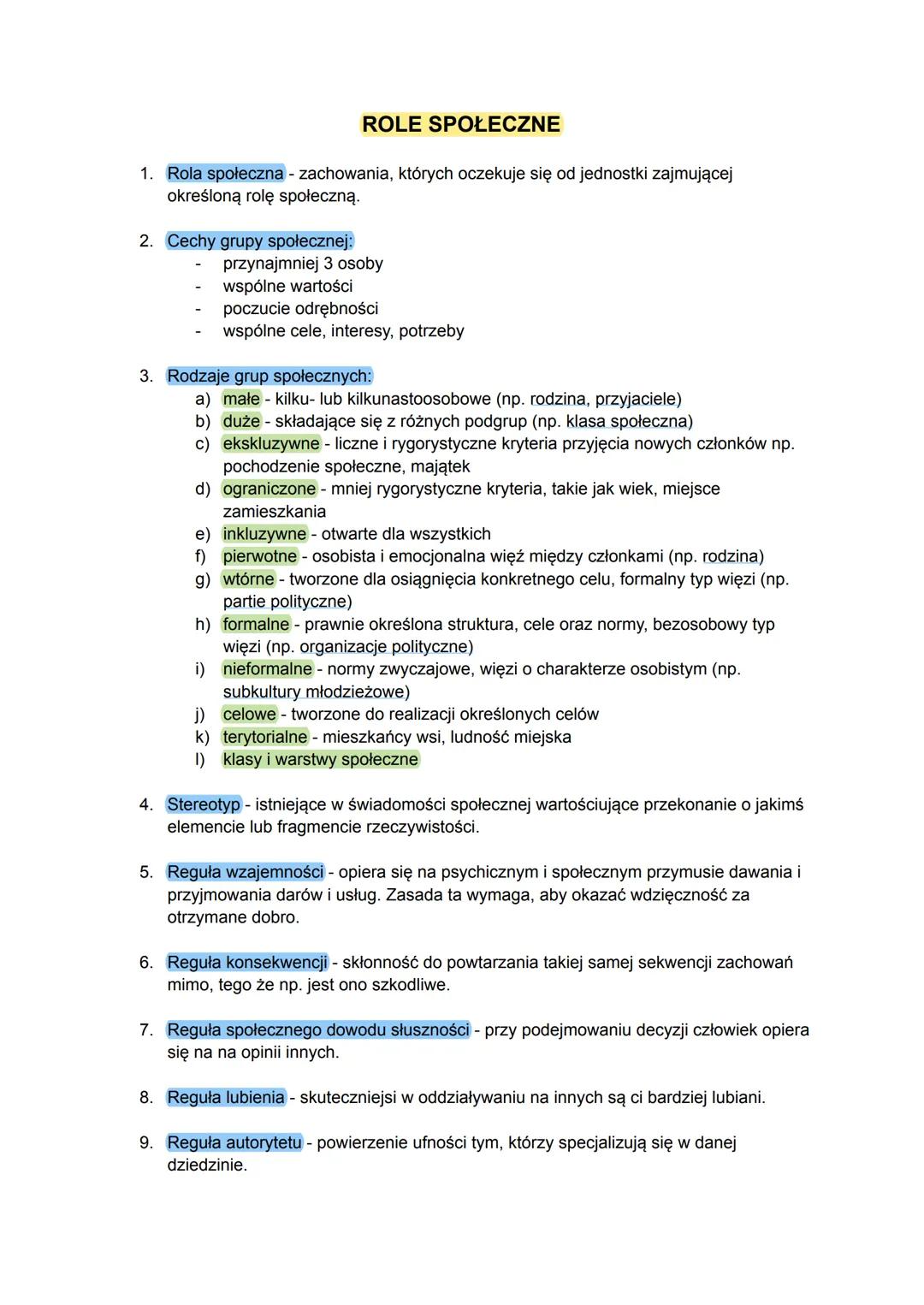 ROLE SPOŁECZNE
1. Rola społeczna - zachowania, których oczekuje się od jednostki zajmującej
określoną rolę społeczną.
2. Cechy grupy społecz