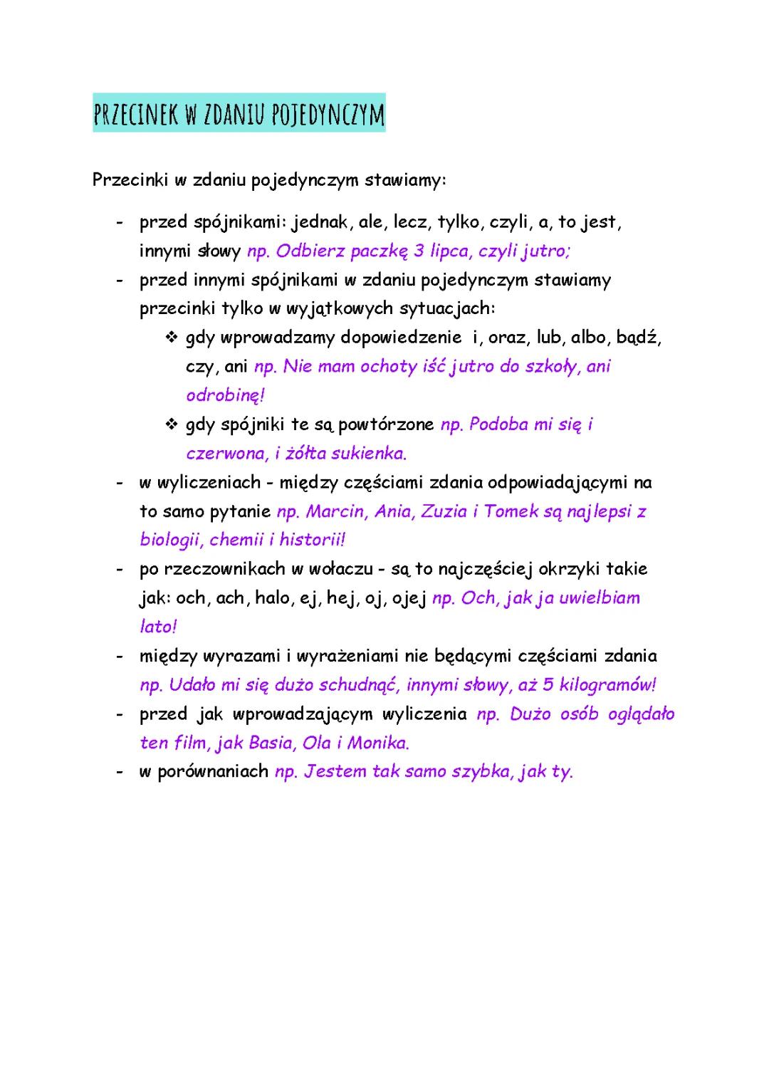 Przecinek w zdaniu pojedynczym - ćwiczenia, karta pracy, test i przykłady