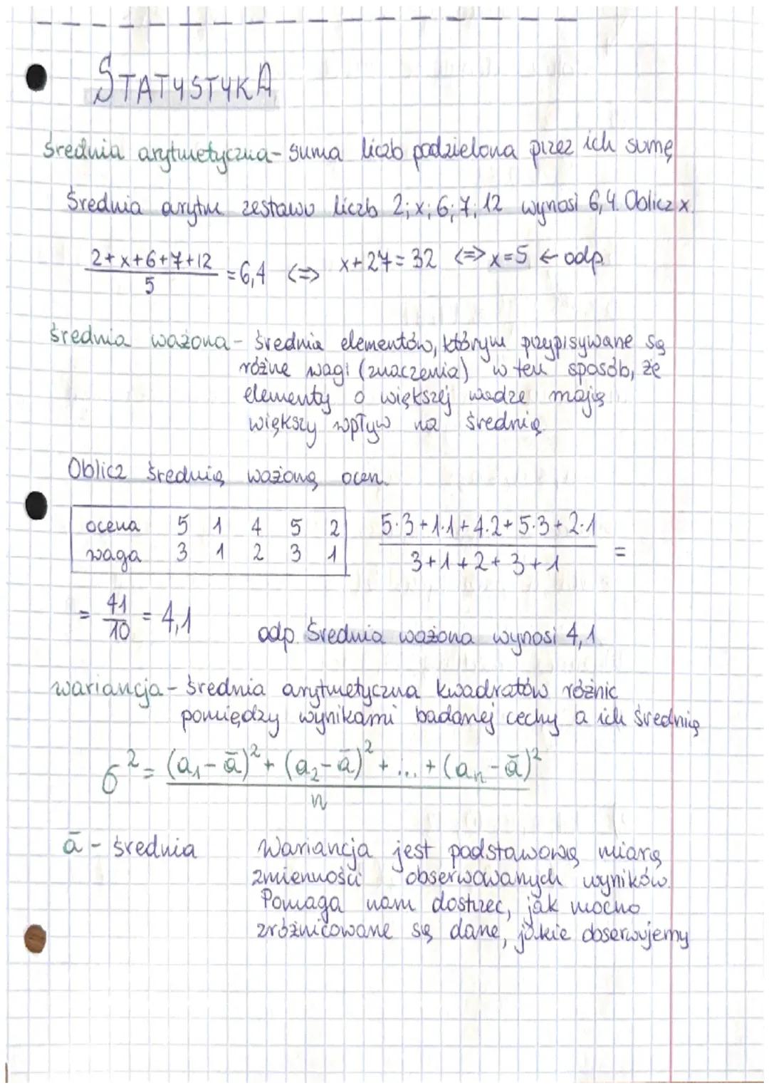T
T
STATYSTYKA
średnia arytmetyczna- suma liczb podzielona przez ich sume
Średnia arytm zestawu liczb 2; x; 6; 7; 12 wynosi 6,4. Oblicz x
2+